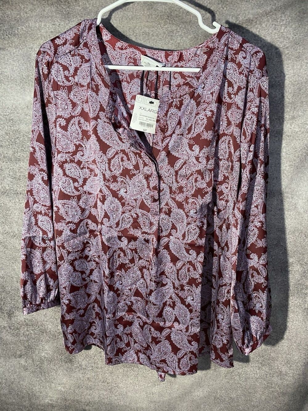 Liz Claiborne Blouse XXL NWT Women's Popover Top Deep Ruby Paisley Long Sleeve